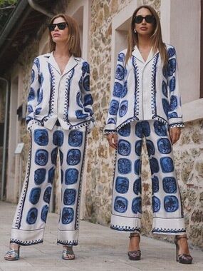 SET Zara Blue & White Printed Satin Matching Button-Up Shirt + Wide Leg Pants
